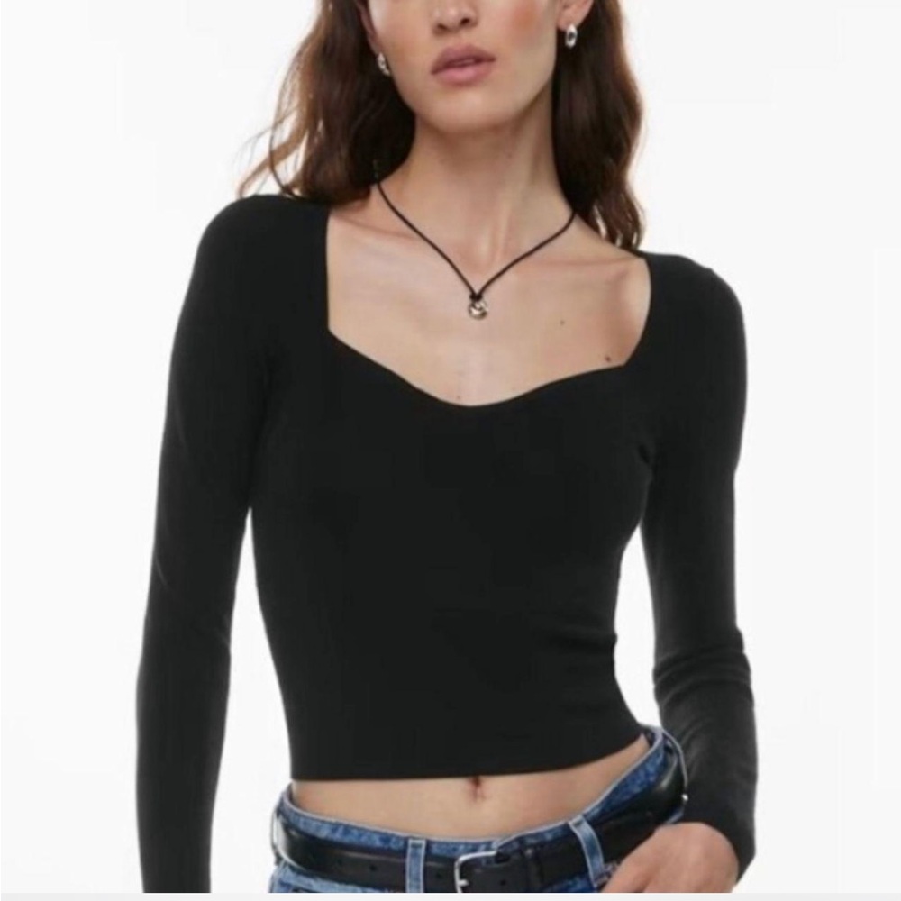 Aritzia Wilfred Free Black Ribber Knit Long Sleeve Crop Women Sweater Top Size M